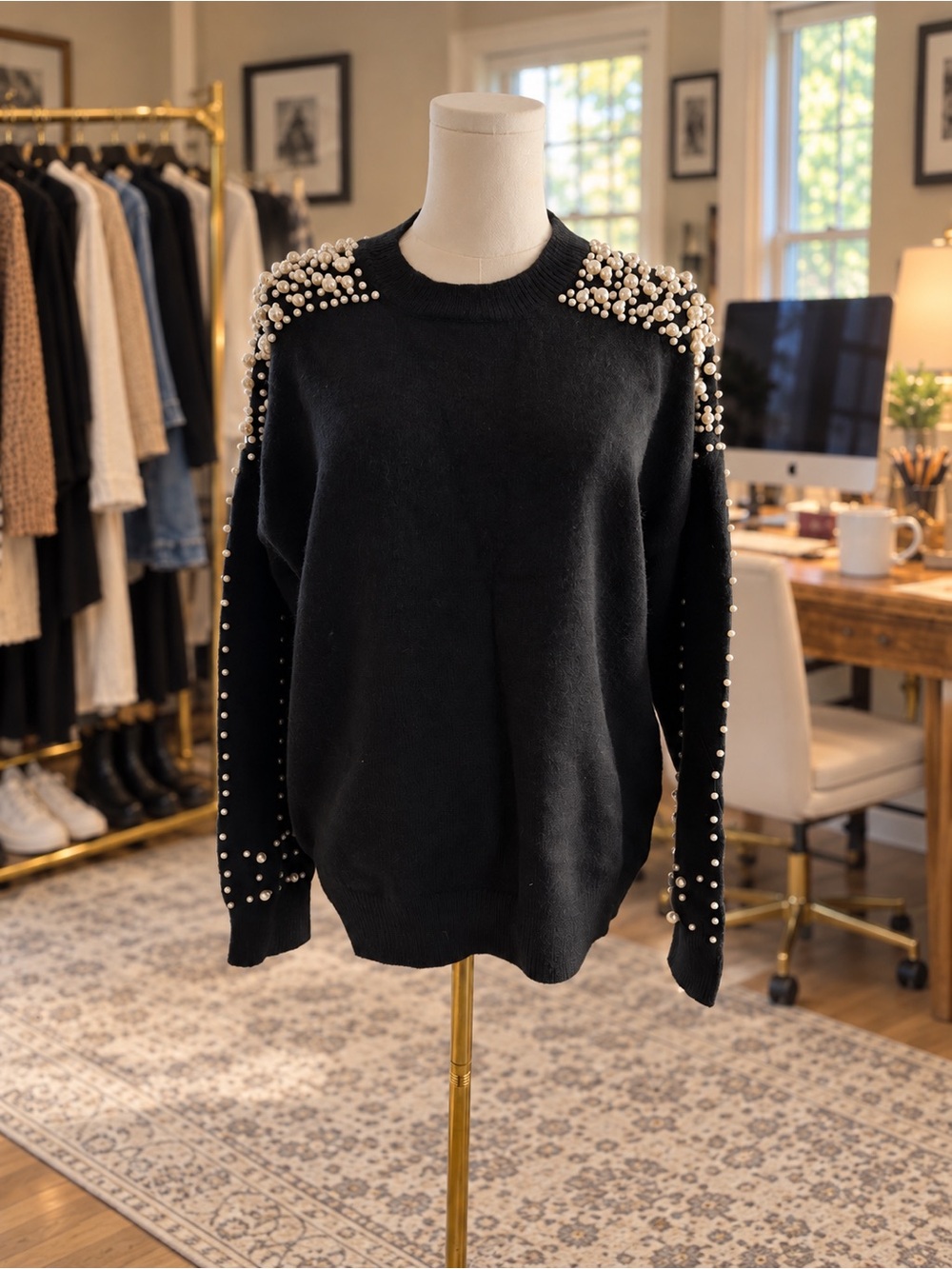 Fate Black Pearl-Embellished Shoulder & Sleeve Sweater